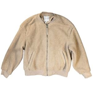 AVEC LES FILLES Bomber Zip Up Brown Tan Jacket Fuzzy Pocketed Womens Size Medium
